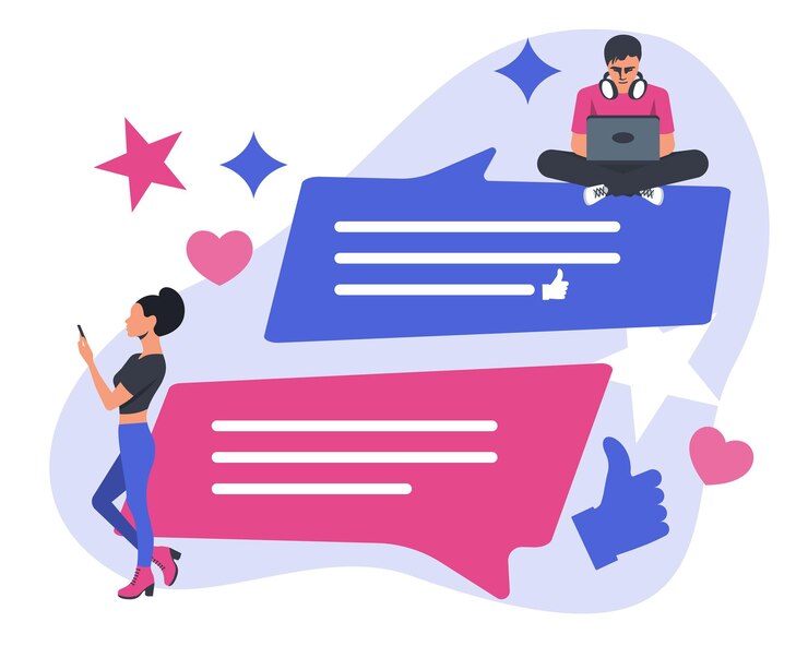 Vector hombre y mujer con teléfono inteligente en la mano personas que utilizan dispositivos móviles para la comunicación vector