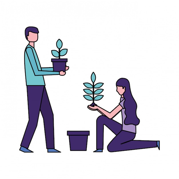 Hombre y mujer, tenencia, potted, plantas