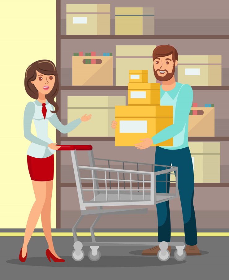 Vector hombre y mujer en la tienda de ilustración vectorial plana