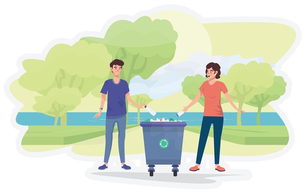 Hombre y mujer tiran basura plástica en el contenedor de reciclaje Clasificación de residuos Contenedor de basura, segregación