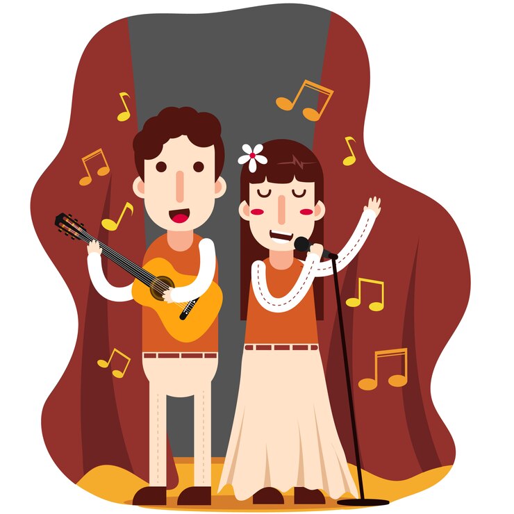 Vector hombre y mujer tocando la guitarra y cantando