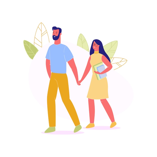 Vector hombre y mujer tomados de la mano caminando juntos.