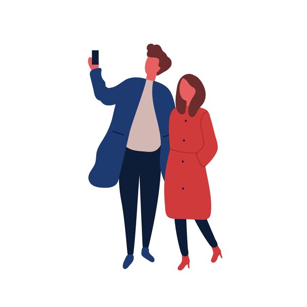 Hombre y mujer tomando selfie ilustración vectorial plana. Novio y novia en cita. Chico elegante con personaje de dibujos animados de smartphone sobre fondo blanco. Pareja romántica, amigos caminando.