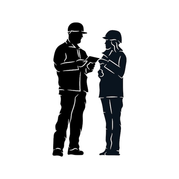 Vector hombre y mujer trabajadores de la construcción hablando entre sí ilustración de silueta