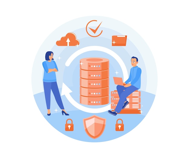 Hombre y mujer trabajando en un centro de datos Almacenando archivos en un servidor conectado a la computación en la nube Concepto de base de datos Ilustración vectorial plana