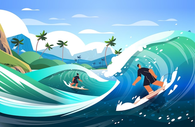 Hombre mujer en traje de baño montando tablas de surf por las olas del mar o del océano surfeando el concepto de actividad deportiva de verano