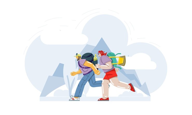 Vector un hombre y una mujer turistas están corriendo en algún lugar contra el telón de fondo de las montañas