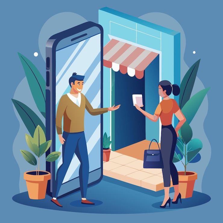 Vector hombre y mujer usando una aplicación de compras en línea