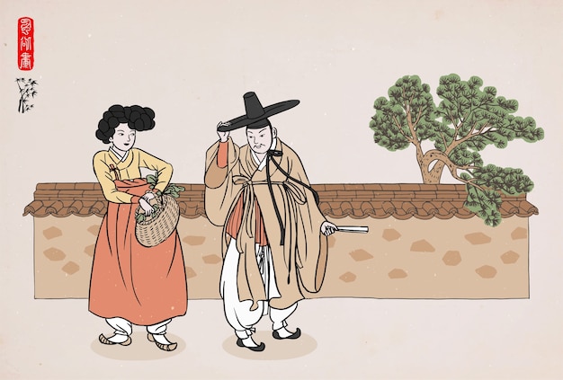 Vector un hombre y una mujer vestidos con ropas tradicionales coreanas están parados frente a la pared.