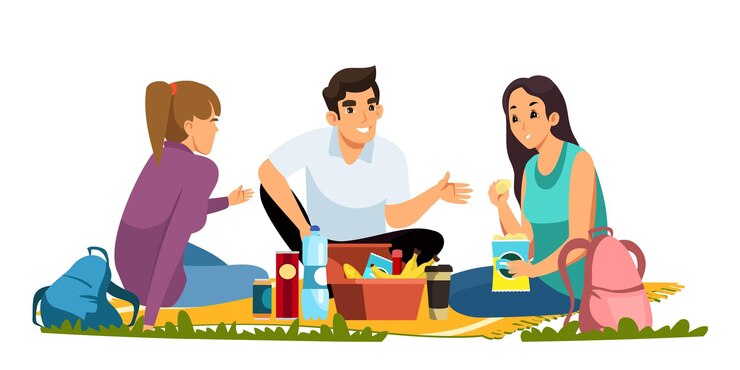 Hombre y mujeres con ilustración de picnic chico joven y dos niñas sentados en la estera con comida