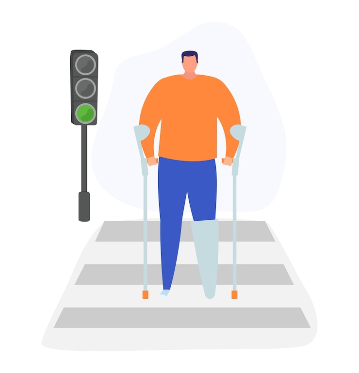 Vector hombre con muletas cruzando la carretera semáforo verde discapacitados recuperación y accesibilidad masculina adulta