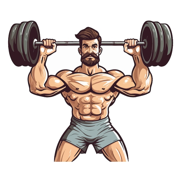 Vector hombre musculoso con bigote y levantamiento de pesas