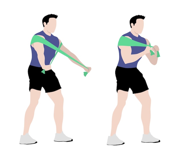 Hombre musculoso en forma aislada de pie y entrenando tríceps con elástico Gimnasio deporte aptitud estilo plano
