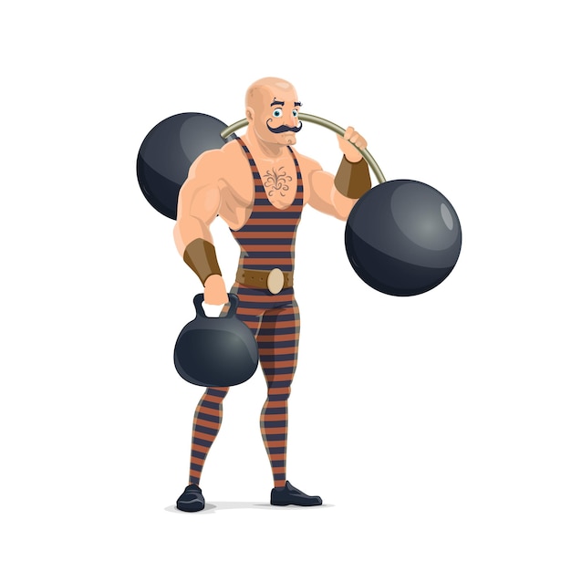 Hombre musculoso fuerte de circo con pesas