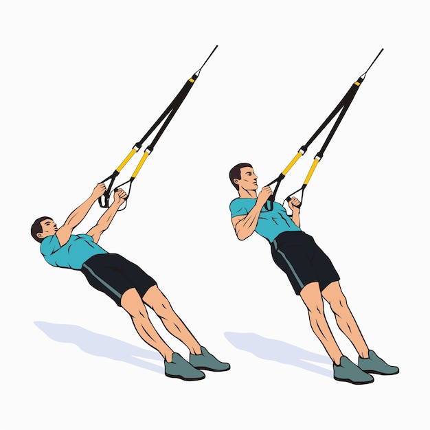 Vector hombre musculoso haciendo dominadas con equipo de entrenamiento de suspensión trx