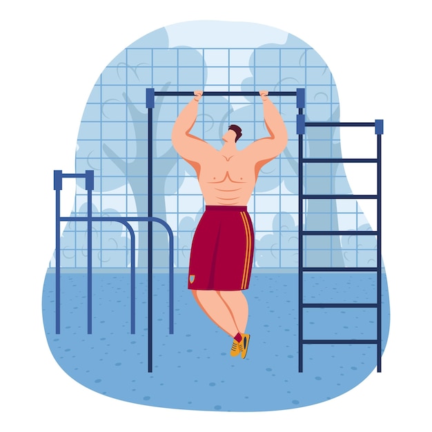 Hombre musculoso haciendo pullups en un bar al aire libre atleta haciendo ejercicio en el área de entrenamiento en la calle fuerza