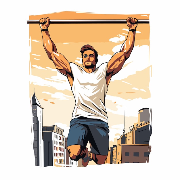 Hombre musculoso haciendo pullups en la ciudad Ilustración vectorial