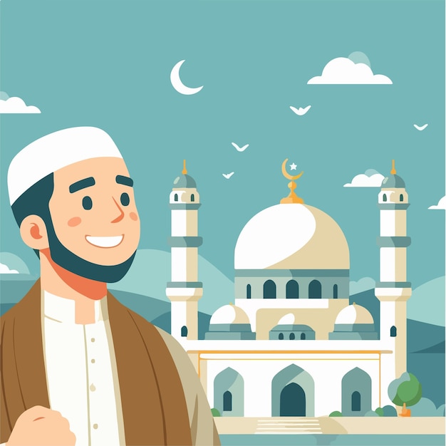 Hombre musulmán es alegre con una mezquita en el fondo
