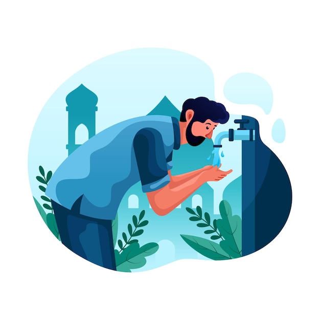 Hombre musulmán haciendo ablución (wudhu), niño toma agua para lavarse las manos. vector de ilustración plana de dibujos animados