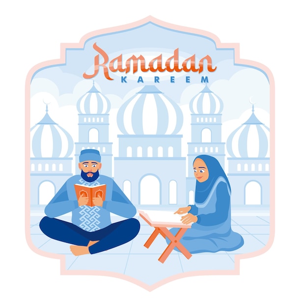 Hombre musulmán leyendo el Corán mujer musulmana escuchando a su lado Ramadan Kareem concepto Ilustración vectorial plana