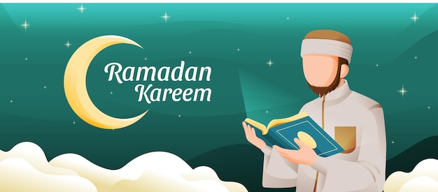 Hombre musulmán leyendo el Corán o el Corán en el mes sagrado de Ramadán Kareem con la luna creciente y la ilustración de estrellas