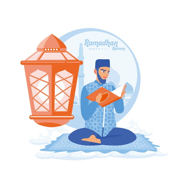 Hombre musulmán leyendo el Corán Sentado en la alfombra con una mezquita y lámparas colgantes en el fondo Ramadan Kareem concepto Ilustración vectorial plana