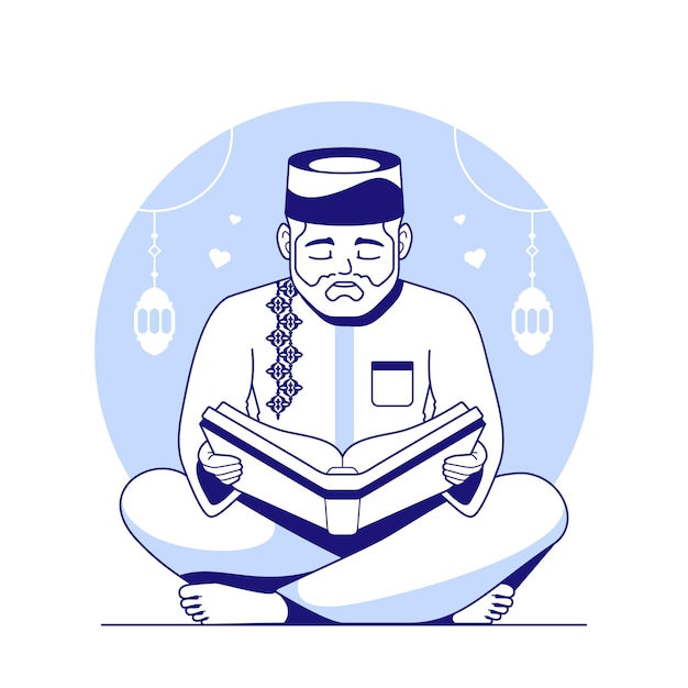Hombre musulmán leyendo ilustración del corán