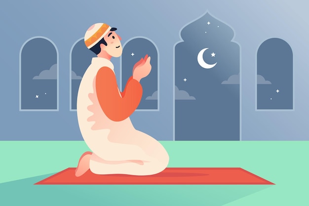 Hombre musulmán orando en la mezquita y hay una luna creciente visible en el fondo Vector Flat