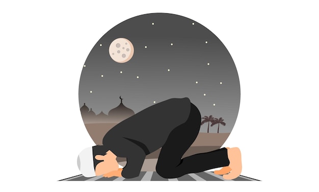 Un hombre musulmán en posición de oración prostrada en la alfombra de oración por la noche