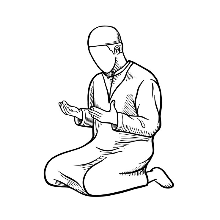 Vector hombre musulmán rezando aislado en blanco. ramadán kareem, eid mubarak. ilustración de arte de línea vectorial