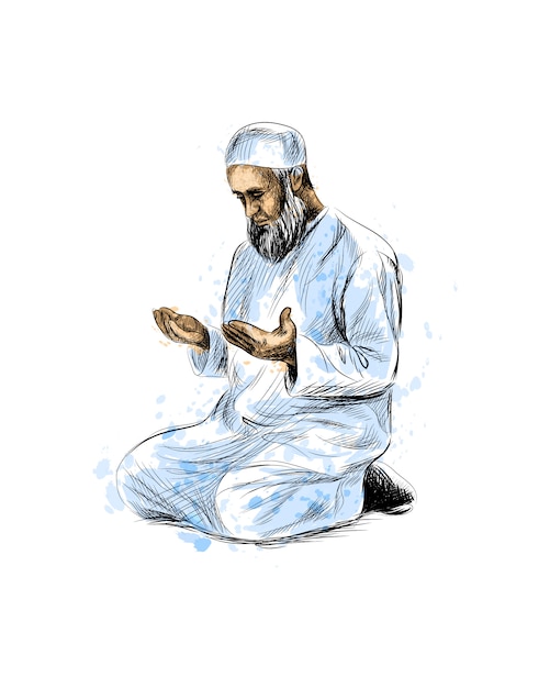 Hombre musulmán rezando, boceto dibujado a mano. ilustración