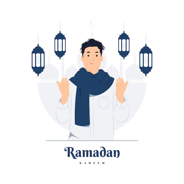 Hombre musulmán Rezar saludos de salam dando la bienvenida a la ilustración del concepto de Ramadán Kareem