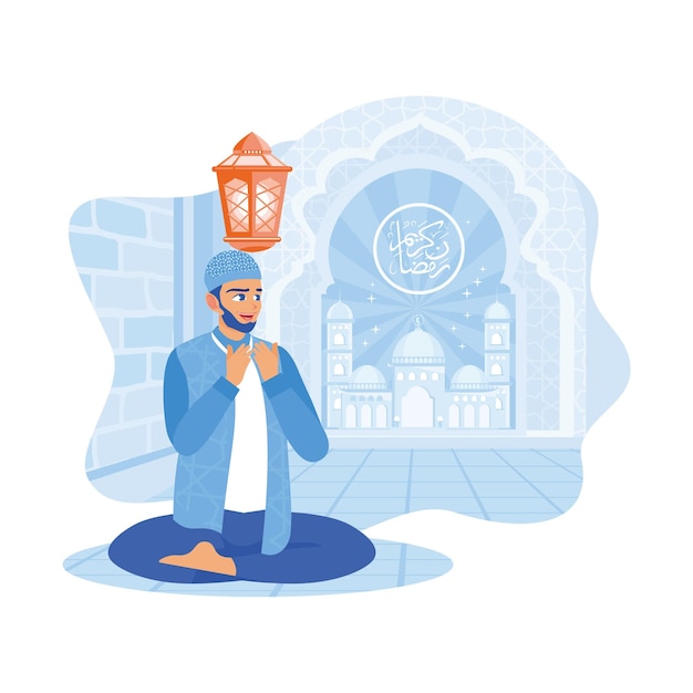 Un hombre musulmán se sienta con las piernas cruzadas en el suelo rezar en el silencio de la noche Ramadán Kareem concepto ilustración vectorial plana