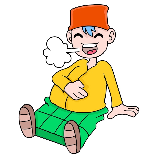 Hombre musulmán con un vientre lleno con sarong musulmán de Indonesia, arte de ilustración vectorial. imagen de icono de doodle kawaii.