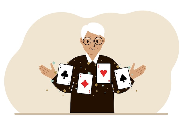 Hombre con naipes jugando a las cartas Combinación de 4 ases o cuatro de una clase