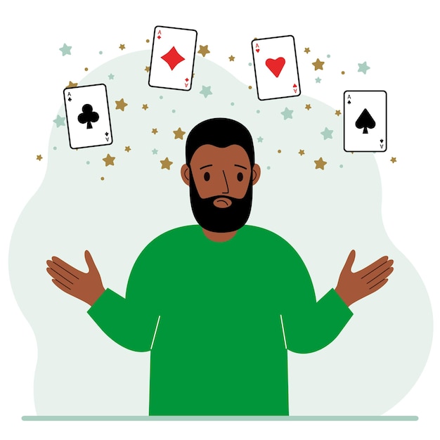 Vector hombre con naipes jugando a las cartas combinación de 4 ases o cuatro de una clase