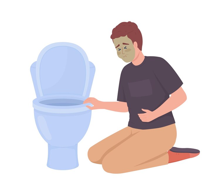 Vector hombre con náuseas cerca de la taza del inodoro carácter vectorial de color semiplano