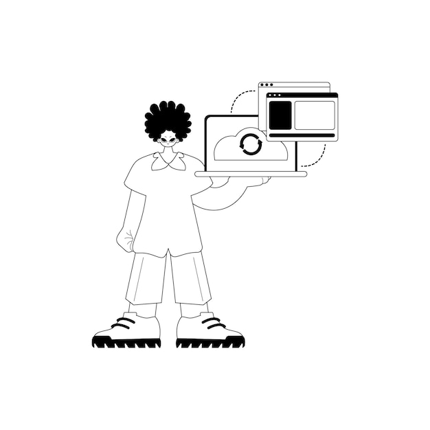 El hombre con el navegador que sincroniza el datum Cloud storehouse tipografía pirata y arte de toque ceniciento Estilo de moda Ilustración vectorial