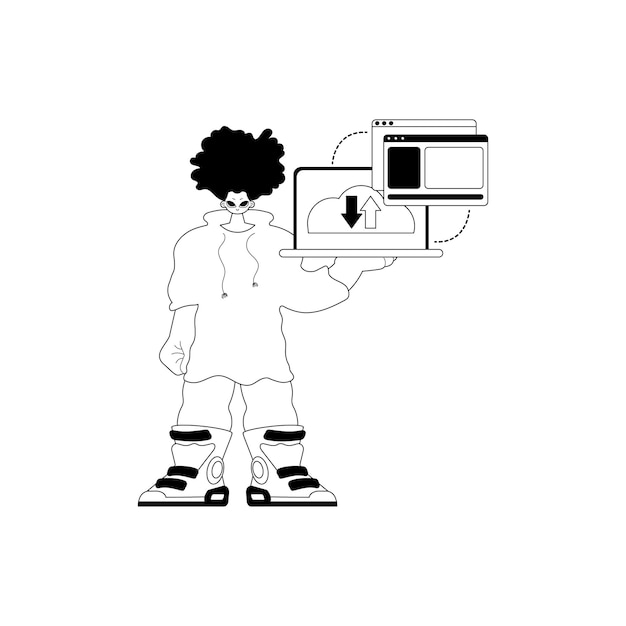 El hombre con el navegador que sincroniza el datum Tipografía de almacén de nubes pirata y obras de arte de sombra cenicienta Estilo de moda Ilustración vectorial