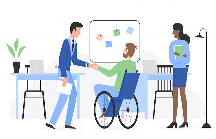 Vector hombre con necesidades especiales en silla de ruedas obtiene trabajo ilustración de personaje plano. situación de contacto positiva con personas sonrientes en la oficina de la empresa. carrera y empleo del concepto de persona discapacitada