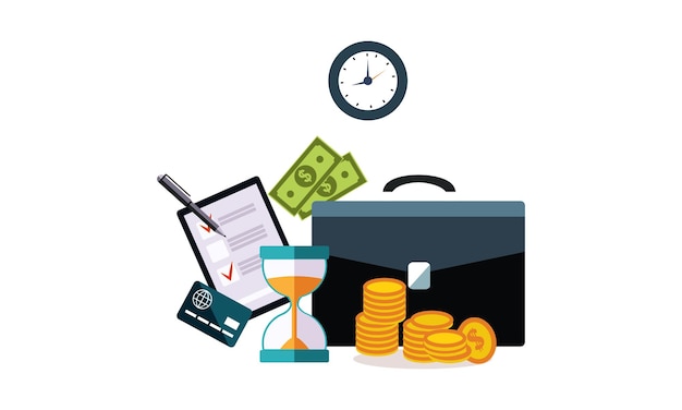 Hombre de negocios, accesorios, reloj de arena, maletín, tarjeta de crédito, dinero, reloj de pared, vector, ilustración, aislado, en, un, fondo blanco
