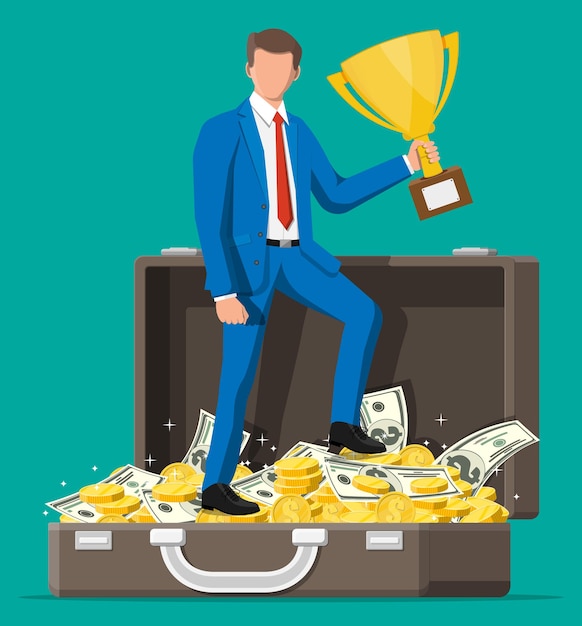 Hombre de negocios acertado en maletín con dólar y monedas con trofeo, celebra su victoria. Éxito, triunfo, meta o logro empresarial. Ganador de la competencia. Estilo plano de ilustración vectorial