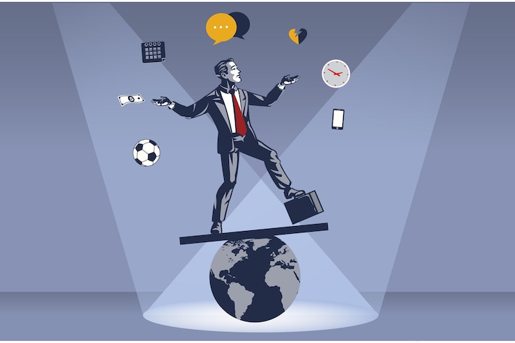 Vector hombre de negocios se para acrobáticamente en el globo terráqueo inestable
