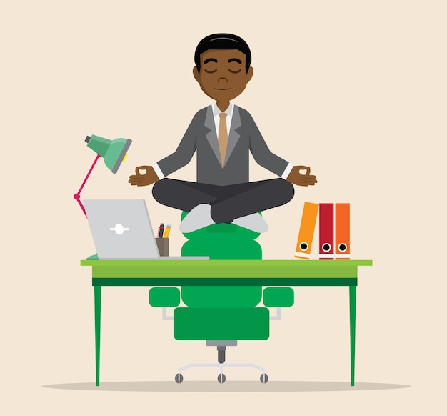 Vector hombre de negocios africano meditando en el escritorio.