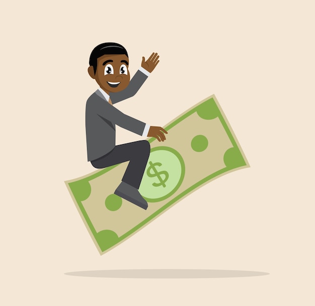 Hombre de negocios africano que monta el dinero del vuelo.