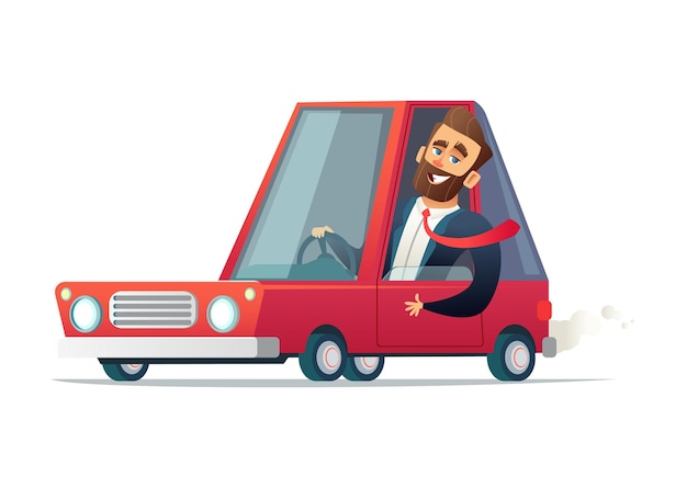 Hombre de negocios alegre conduciendo un coche rojo Ilustración de dibujos animados vectoriales
