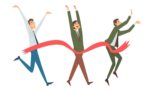 Hombre de negocios alegre cruzando la línea de meta en la pista de correr sonriendo Vector Set
