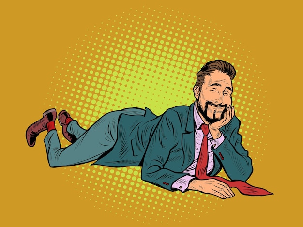 El hombre de negocios alegre está mintiendo relajado pose divertida paz y relajación