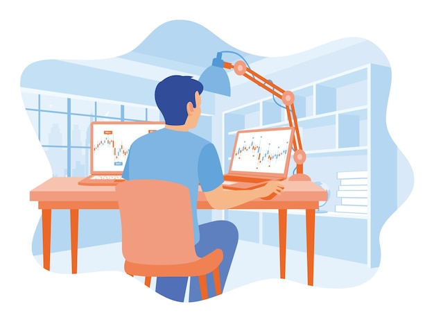 El hombre de negocios analiza la evolución del mercado de valores Analizando gráficos comerciales en una computadora Concepto de mercado de valores