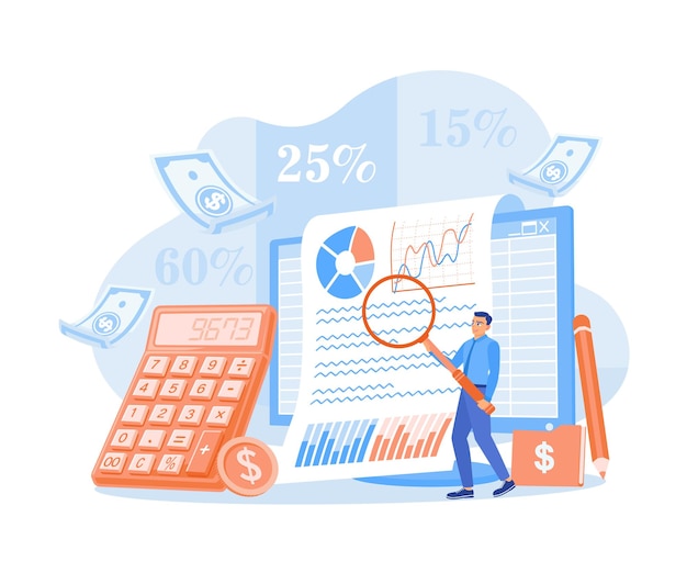 El hombre de negocios analiza los informes financieros de la empresa Cálculo de impuestos y finanzas de la empresa Conceptos contables Ilustración de vector plano
